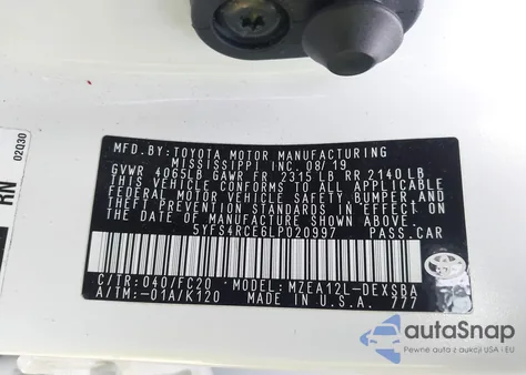 2020 Toyota Corolla Se from USA, damaged, VIN 5YFS4RCE6LP020997